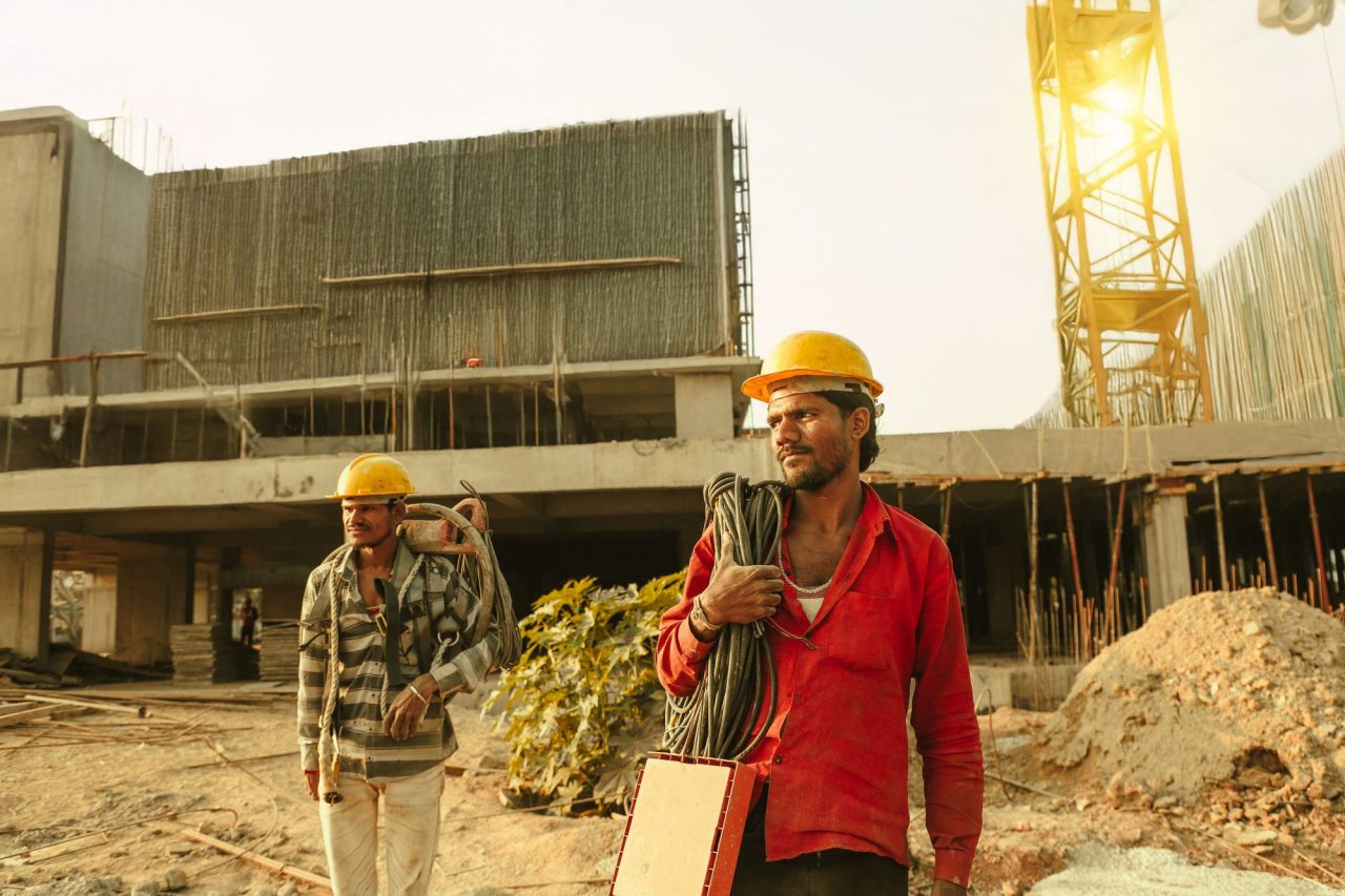 Construction workers at a building site in India